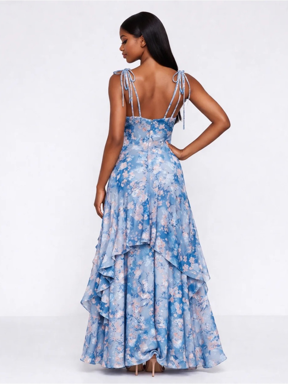 Sky Blue Floral Tiered Maxi Dress with Spaghetti Straps - Picture 4 of 5